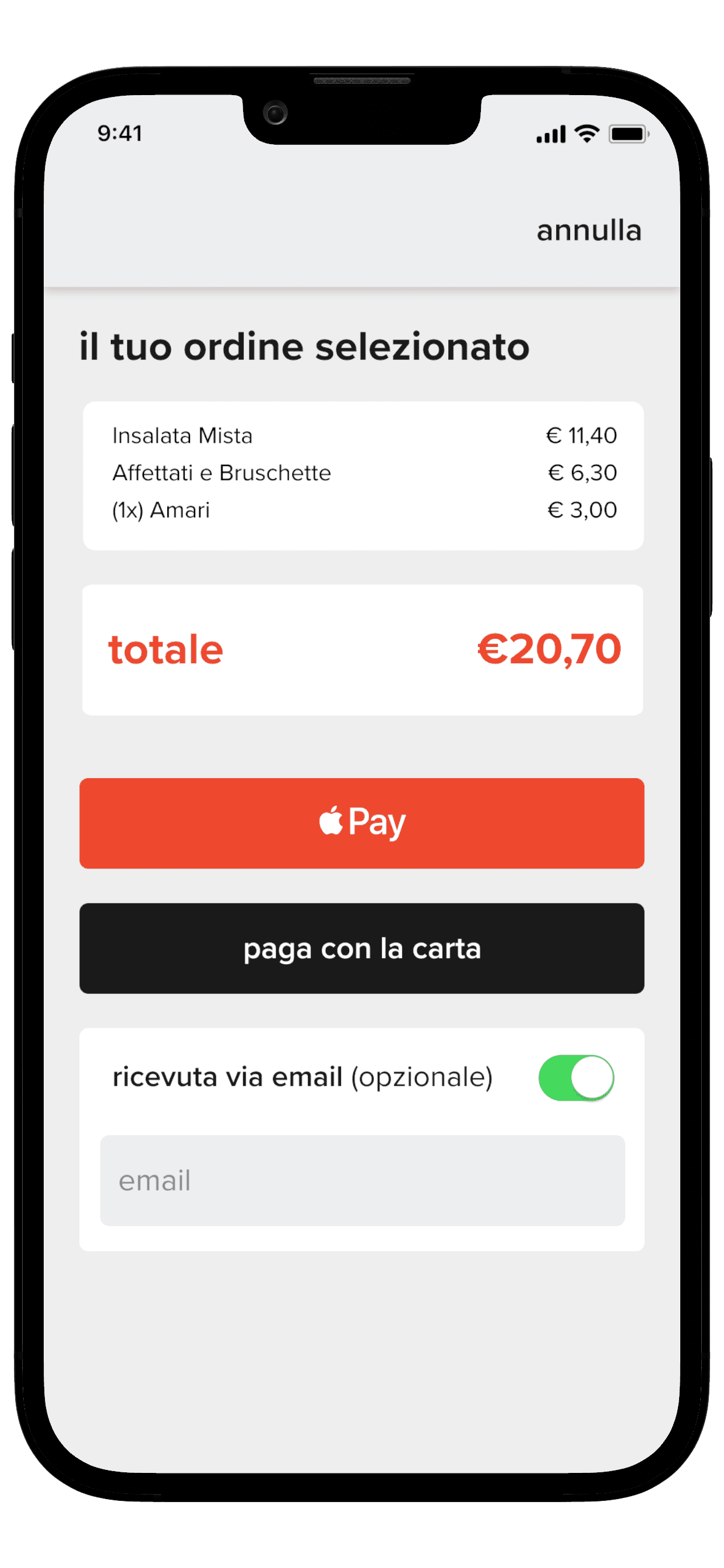 pagina di pagamento con wallet digitale o carta di credito della web app taac split & pay